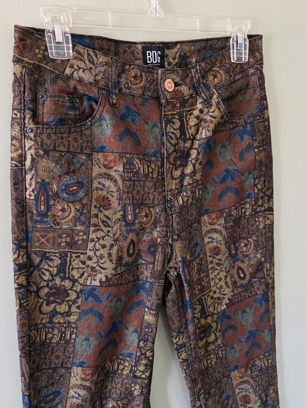 BDG 28 70s Hippie Boho Festival Paisley Tapestry Jacquard Patchwork Flare Jeans - Picture 6 of 16